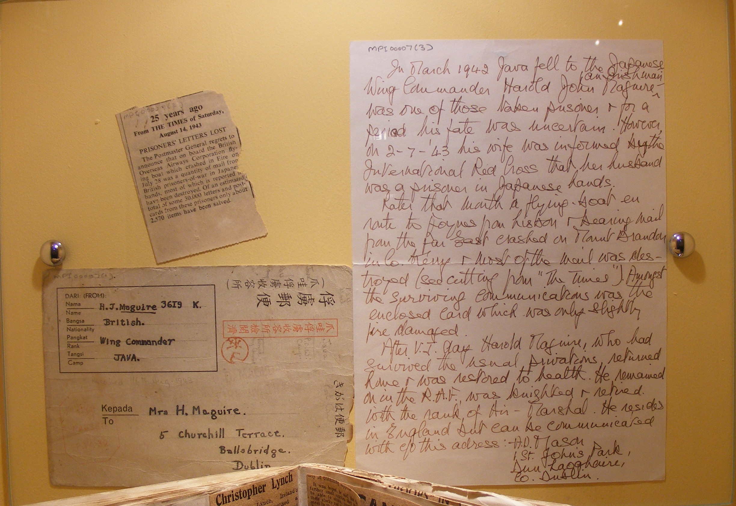 A prisoner of war letter, recovered from the
              crash site. G-AGES carried thousands of letters and
              cards.